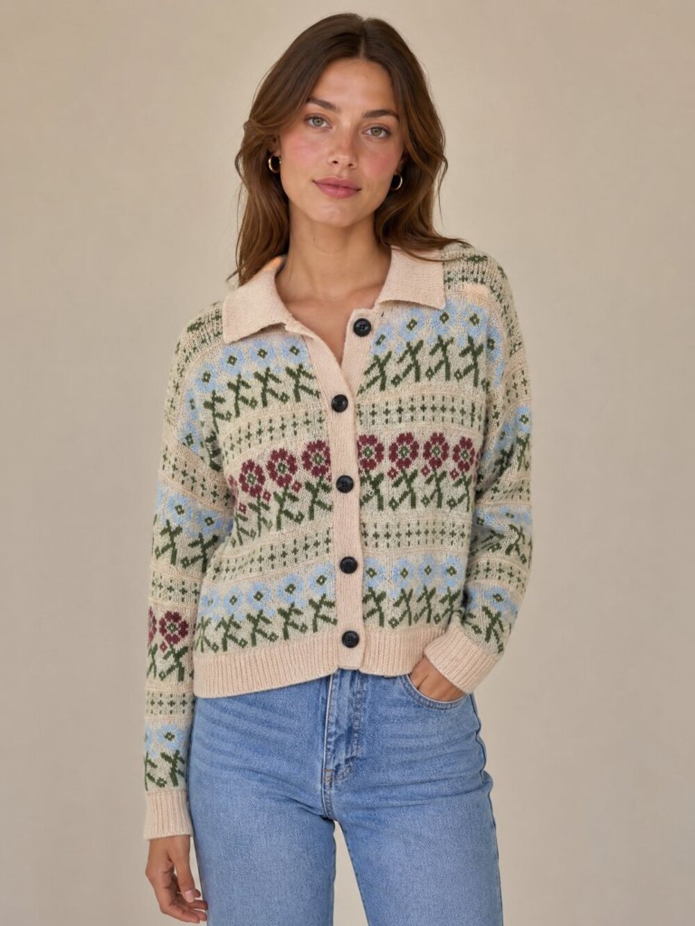 RECLAIMED VINTAGE Floral Fair Isle Cardigan Collared Button Front Sweater Knit